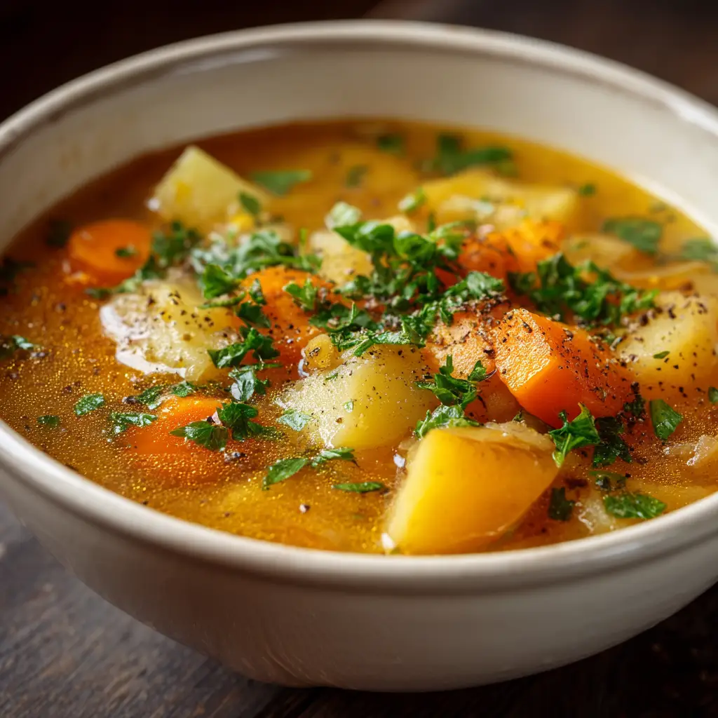 A wider shot of the creamy potato carrot soup in a bowl, with fresh bread and raw carrots and potatoes on the side.