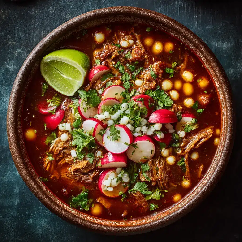 An rustic bowl of Pozole Rojo soup, showcasing the deep red color of the chile broth which is the foundation of this pozole recipe.