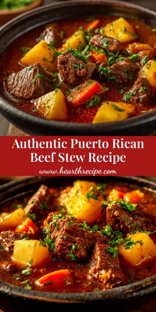 A close-up overhead shot of a rich and hearty Puerto Rican Beef Stew (Carne Guisada) in a white bowl, ready to be served over rice. The beef is tender and the broth is a deep red color.
