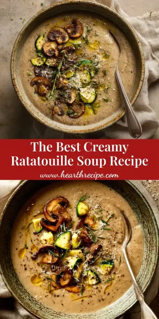 A beautiful overhead shot of a bowl of hearty Ratatouille Soup, garnished with fresh basil and served with a side of crusty bread.