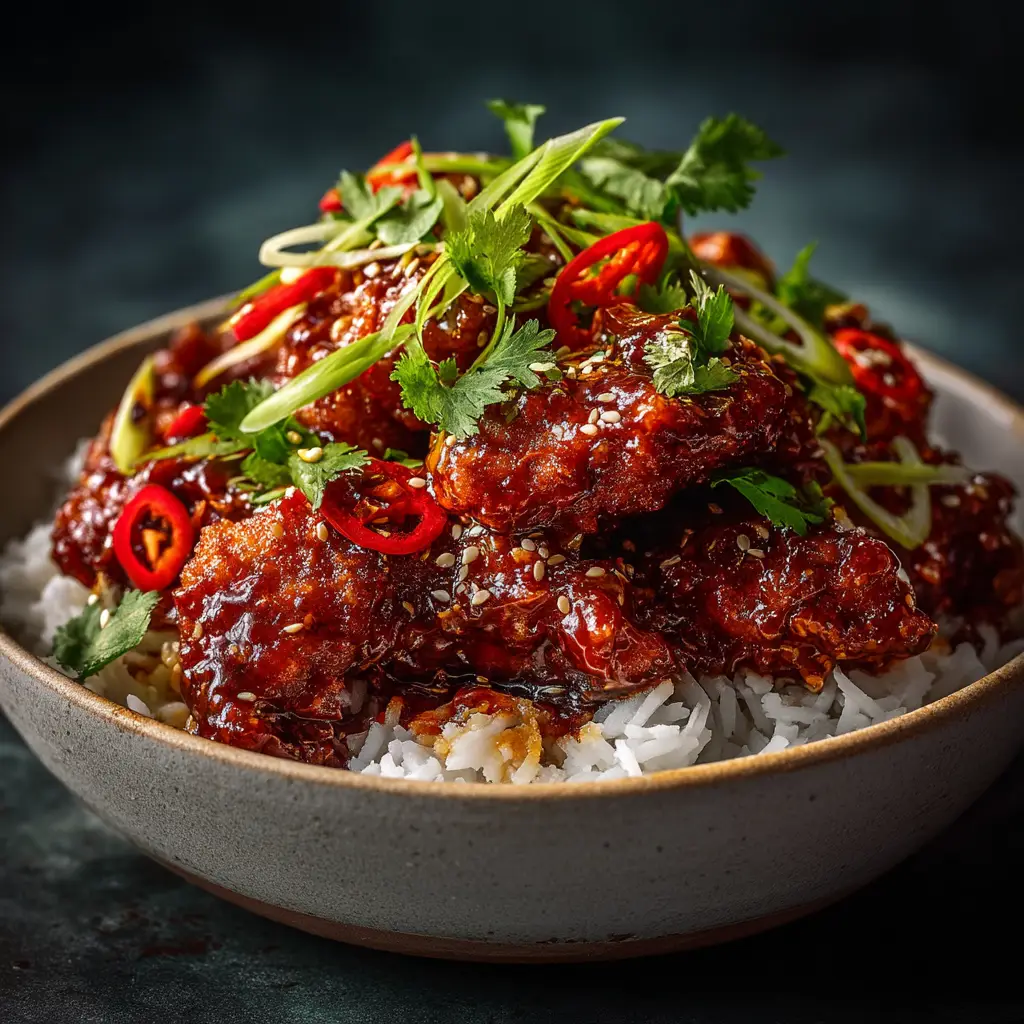 A finished bowl of restaurant-style Dragon Chicken, garnished with golden cashews and fresh green onions.