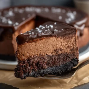 A decadent slice of no-bake chocolate cheesecake, with a fork taking the first bite. The creamy texture of the mousse layers is highlighted.