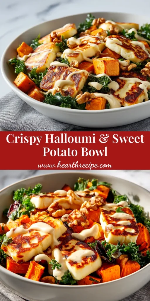 A vibrant and healthy Roasted Sweet Potato Halloumi Bowl in a white bowl, drizzled with a creamy tahini dressing. The bowl is garnished with fresh parsley.