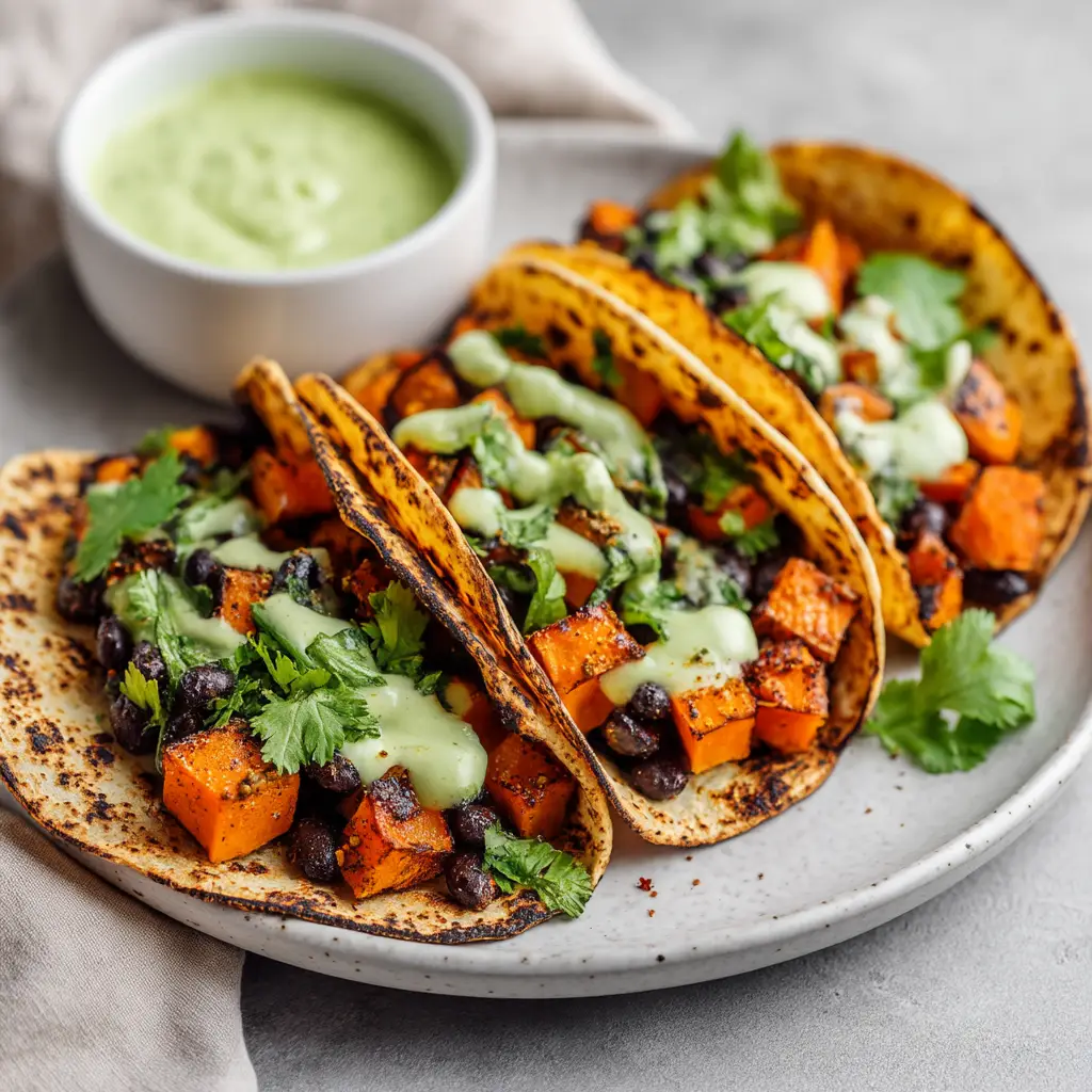 Three roasted sweet potato tacos arranged neatly on a light gray surface, showcasing the fresh cilantro and toppings.