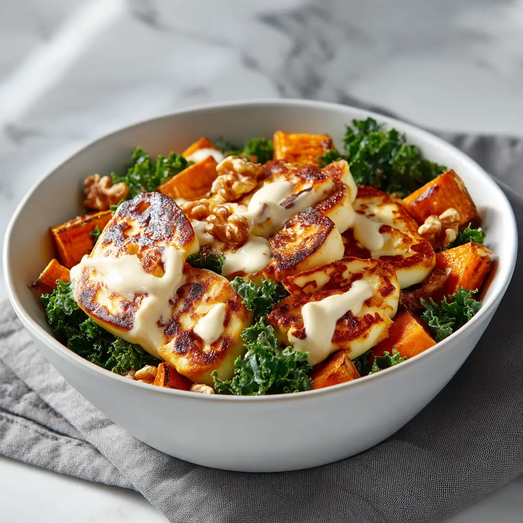 A close-up shot of the components of the sweet potato halloumi salad, showing the crispy chickpeas and tender roasted sweet potatoes before being assembled.