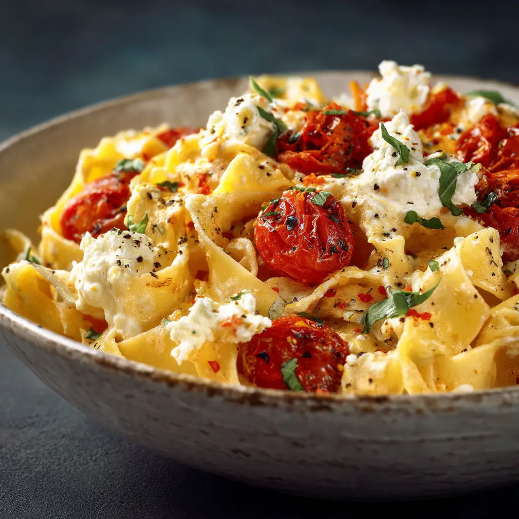 A fork twirling spaghetti coated in a vibrant roasted tomato sauce, demonstrating the dish's perfect texture and consistency.