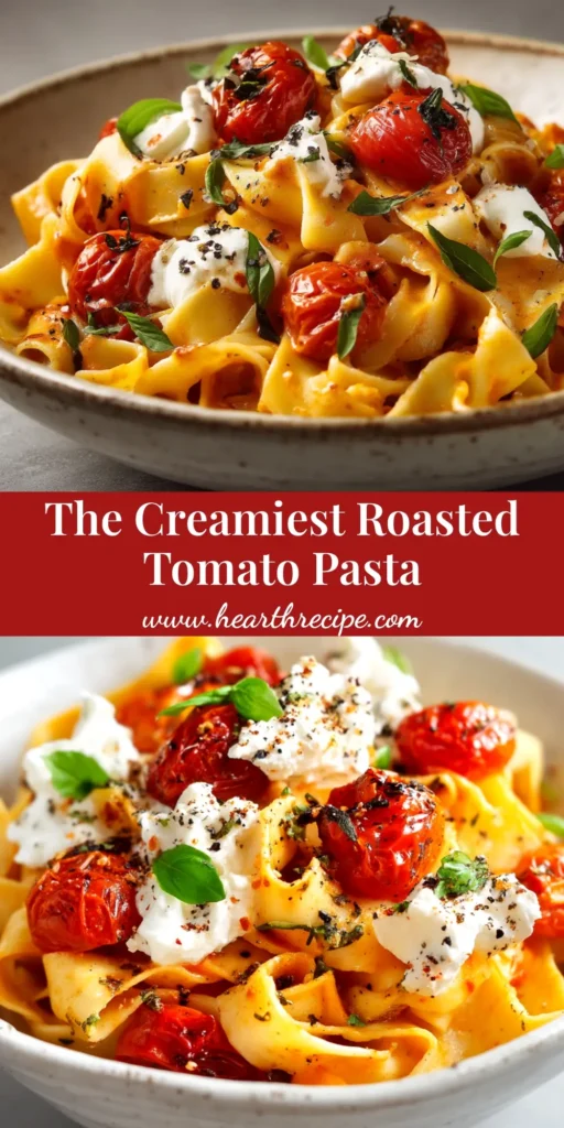 An overhead shot of a white bowl filled with delicious roasted tomato pasta, garnished with fresh basil and parmesan cheese. The vibrant red sauce coats every strand of spaghetti.