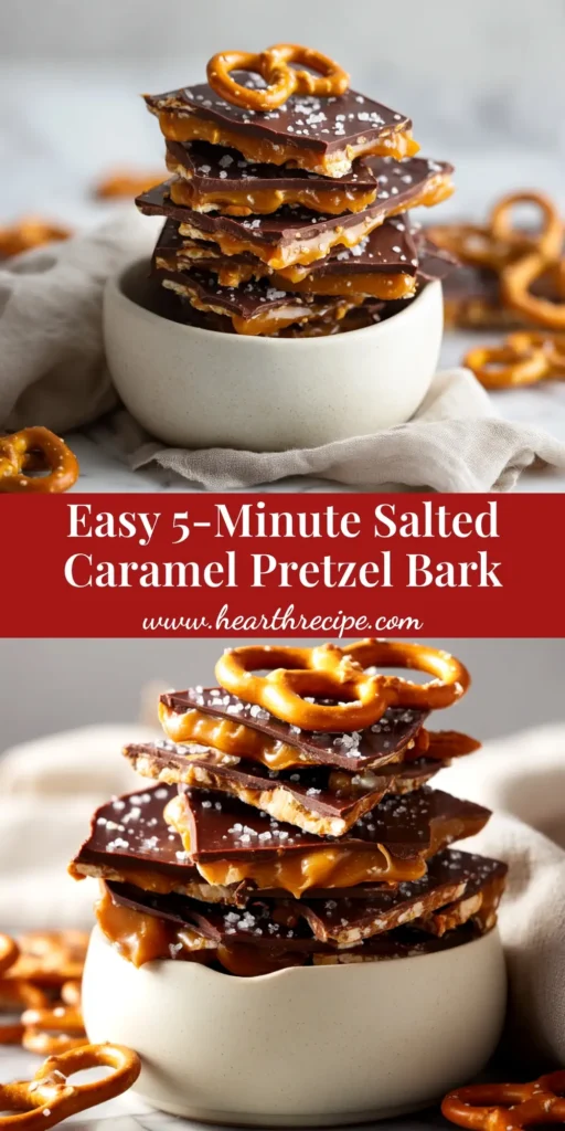 A top-down view of perfectly made salted caramel pretzel bark broken into pieces on parchment paper, ready to be shared.