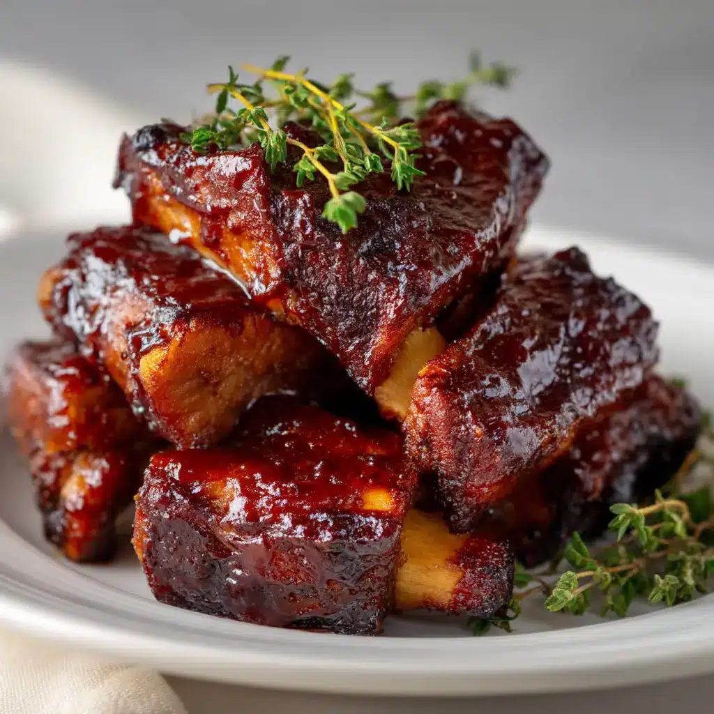 A close-up shot of country style ribs being basted with BBQ sauce before the final bake in the oven.