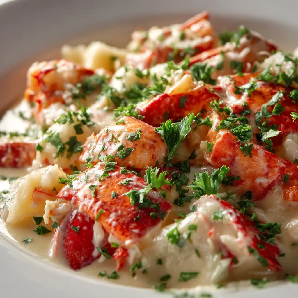 A spoon scooping up the rich lobster and vegetable filling for the seafood pot pie.