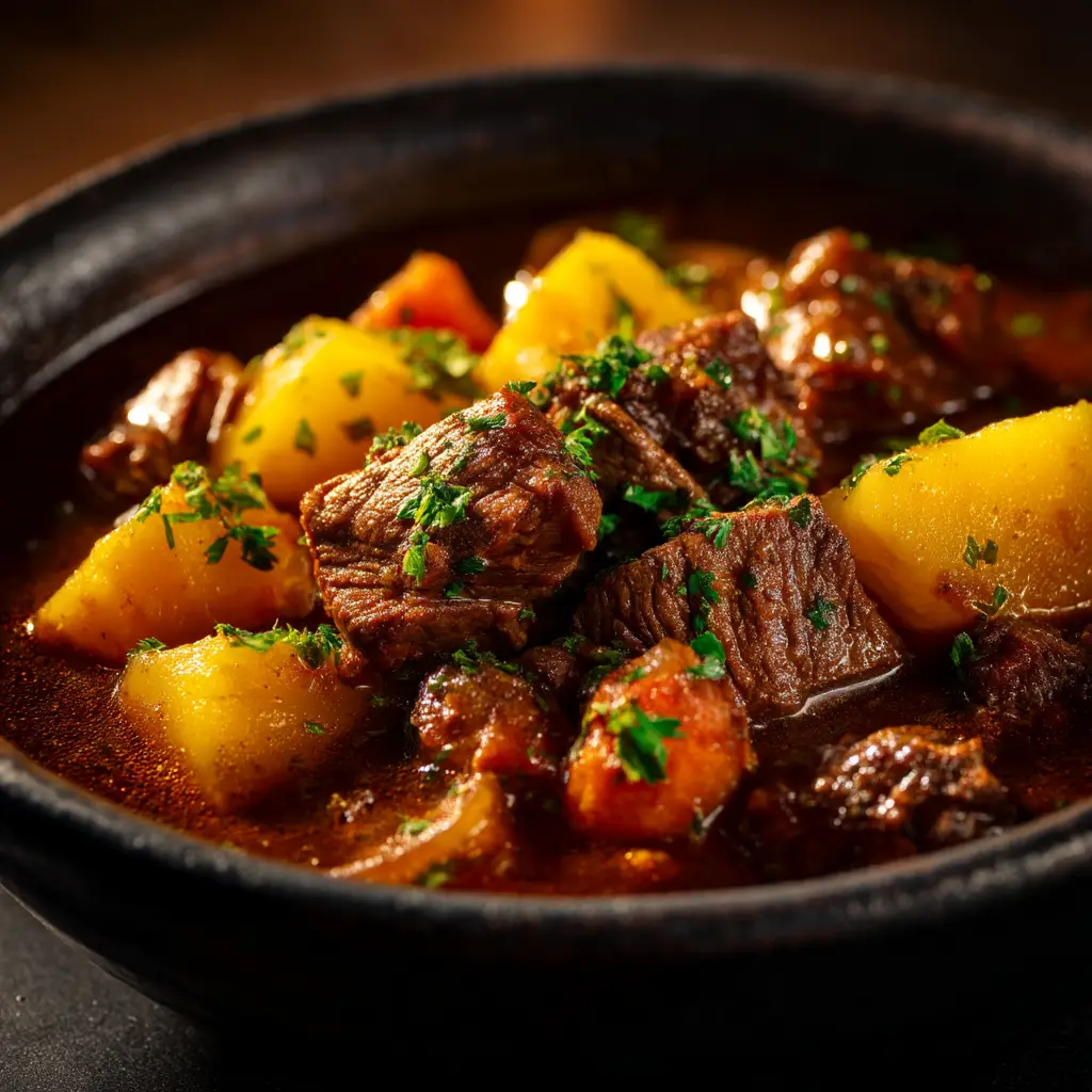 Chunks of seasoned beef being seared to a deep brown crust in a Dutch oven for the carne guisada recipe.