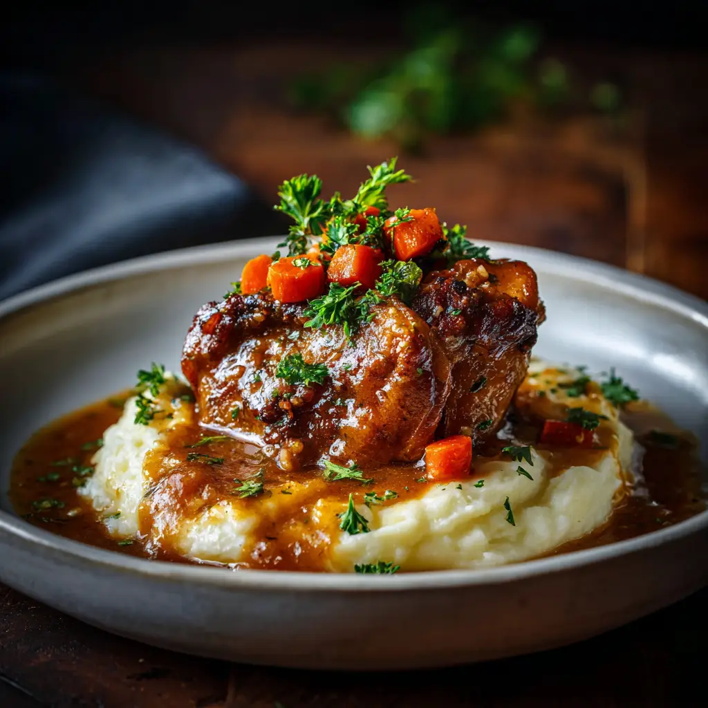 A close-up of a perfectly seared, golden-brown chicken thigh being prepared for the braised chicken osso bucco sauce.