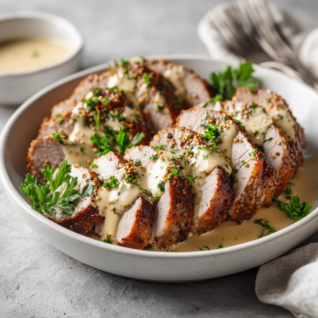 A whole seared pork tenderloin resting in a cast-iron skillet before being finished in the oven. This demonstrates a key step in the easy pork tenderloin recipe.