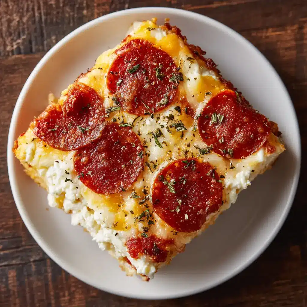 A slice of the crustless cottage cheese pizza casserole being served, highlighting its firm texture and cheesy layers.