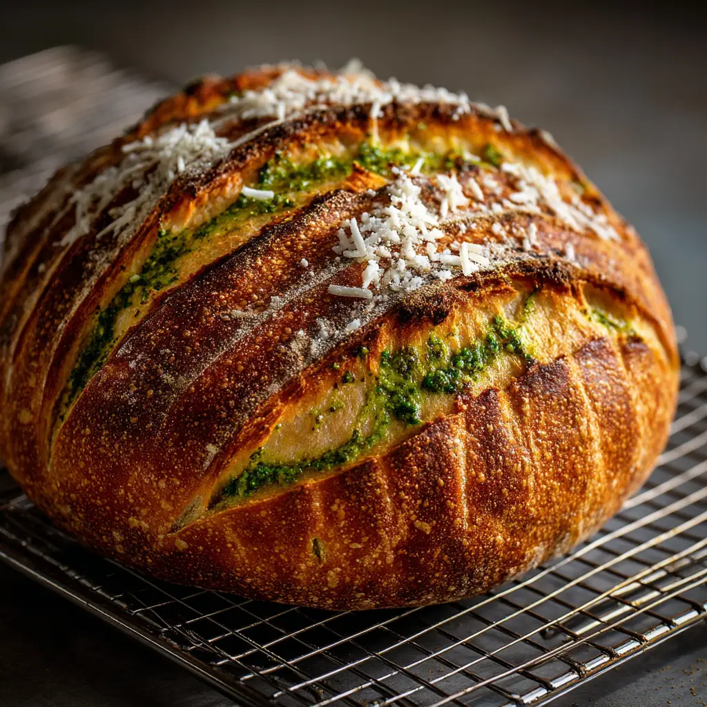 A close-up shot of the dough being laminated with pesto and parmesan cheese before shaping the Pesto Parmesan Sourdough.