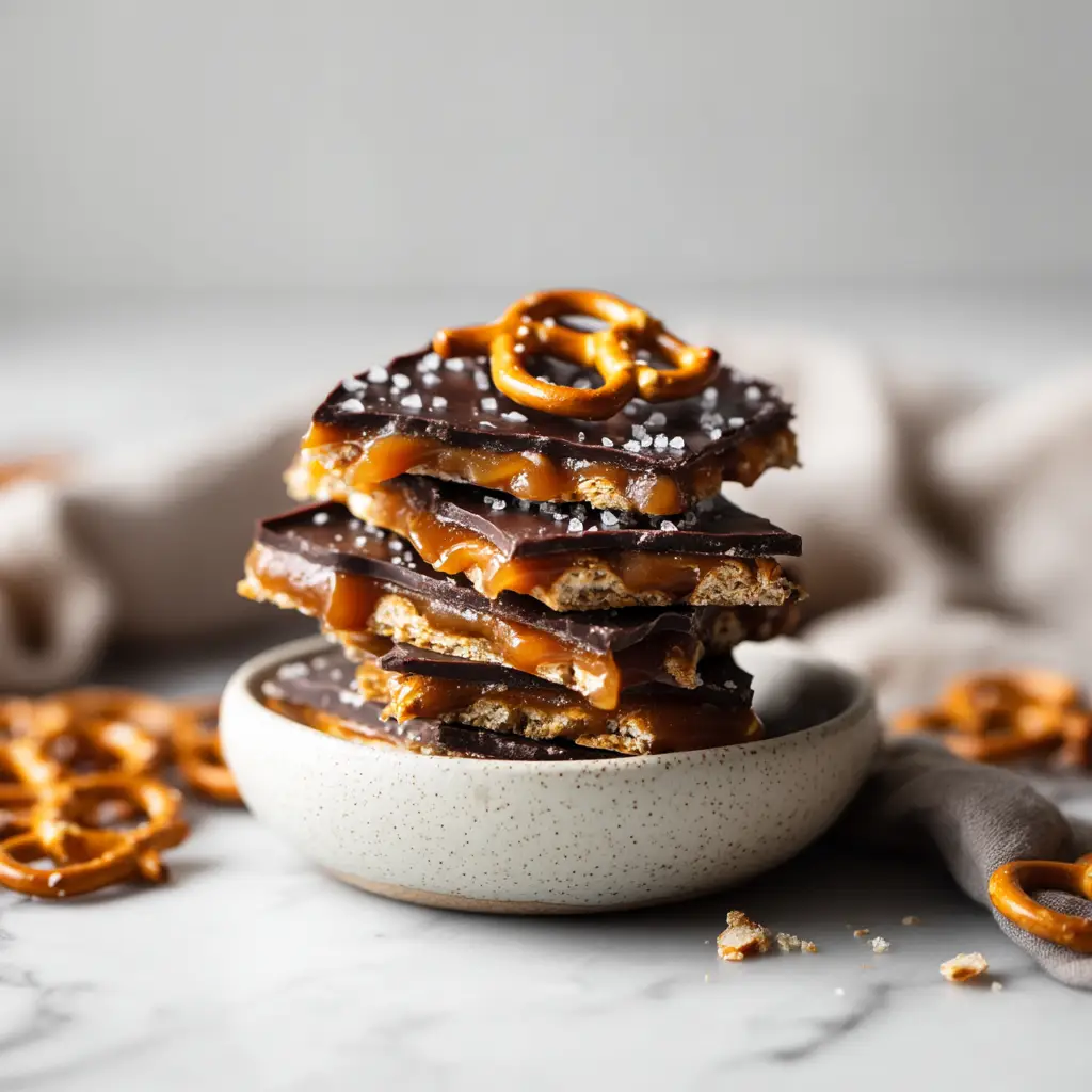 A hand reaching for a piece of chocolate pretzel bark from a platter, illustrating its appeal as a shareable party treat.