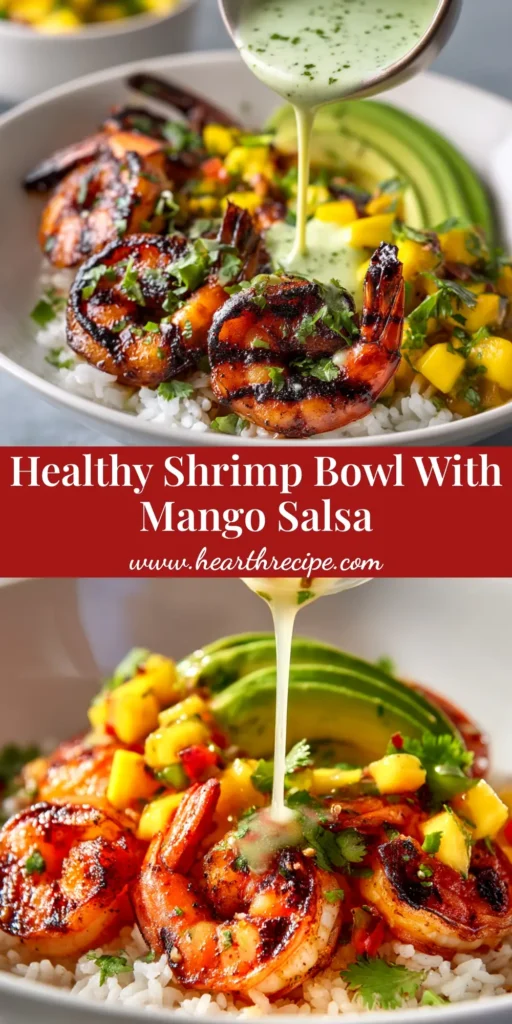 An overhead shot of a vibrant shrimp and avocado bowl, featuring perfectly cooked shrimp, creamy avocado, cherry tomatoes, and corn on a bed of quinoa, drizzled with cilantro-lime dressing.
