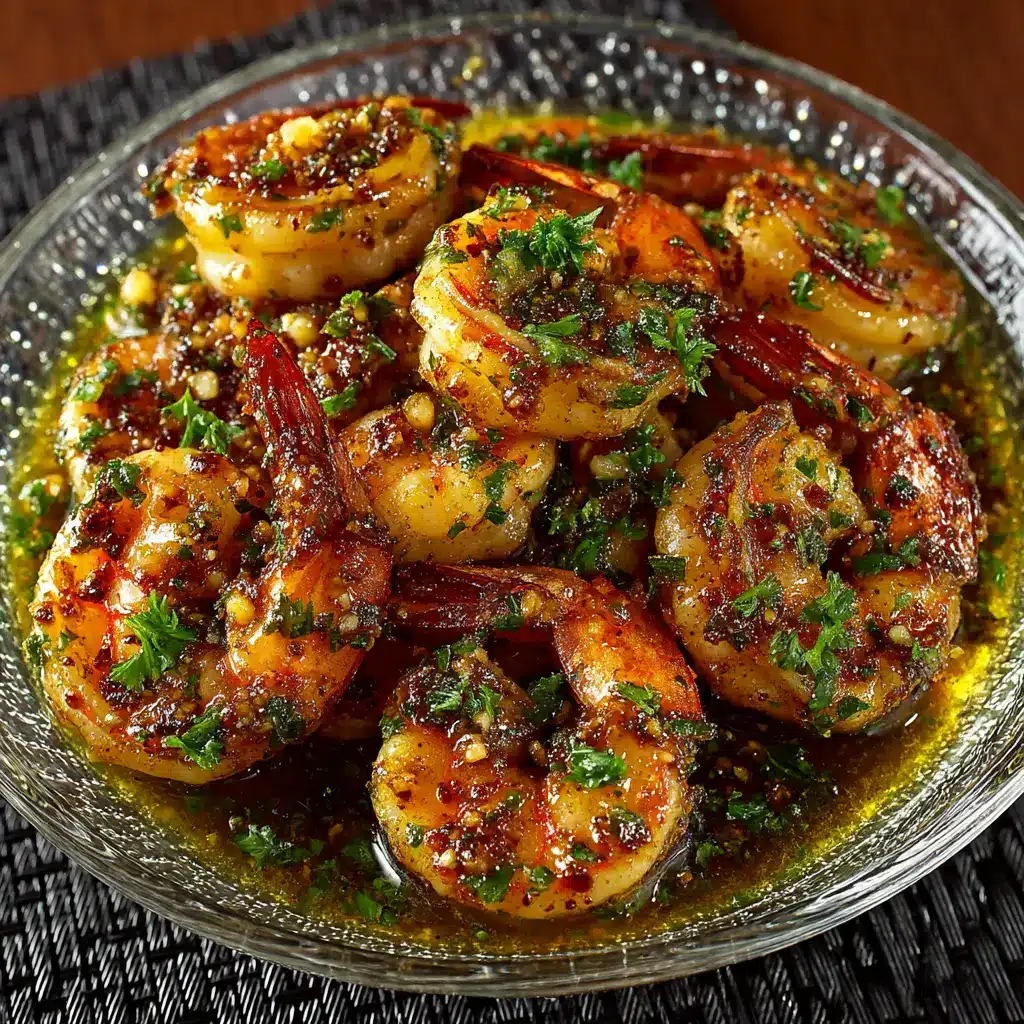 An extreme close-up overhead shot of sizzling garlic butter shrimp in a pan. The shrimp are pink and glistening in the golden butter sauce.