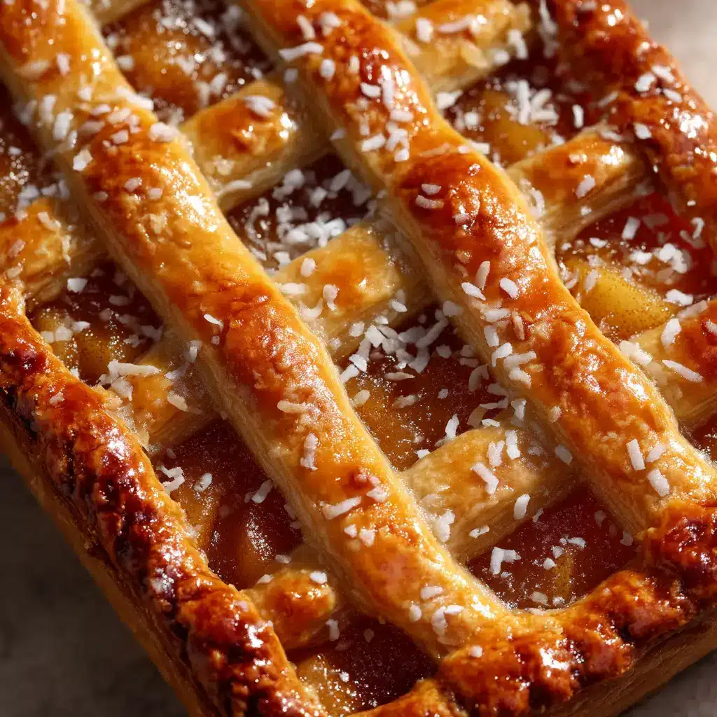 A close-up slice of sheet pan apple pie on a white plate, showcasing the layers of tender apples and flaky crust.