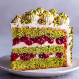 A perfect slice of pistachio raspberry layer cake on a white plate, showcasing the moist pistachio cake and vibrant raspberry filling.