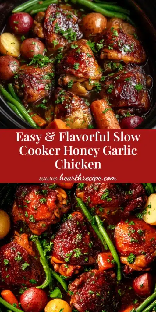 A close-up vertical shot of Slow Cooker Honey Garlic Chicken in a white bowl, garnished with green onions and sesame seeds, with chopsticks resting on the side.
