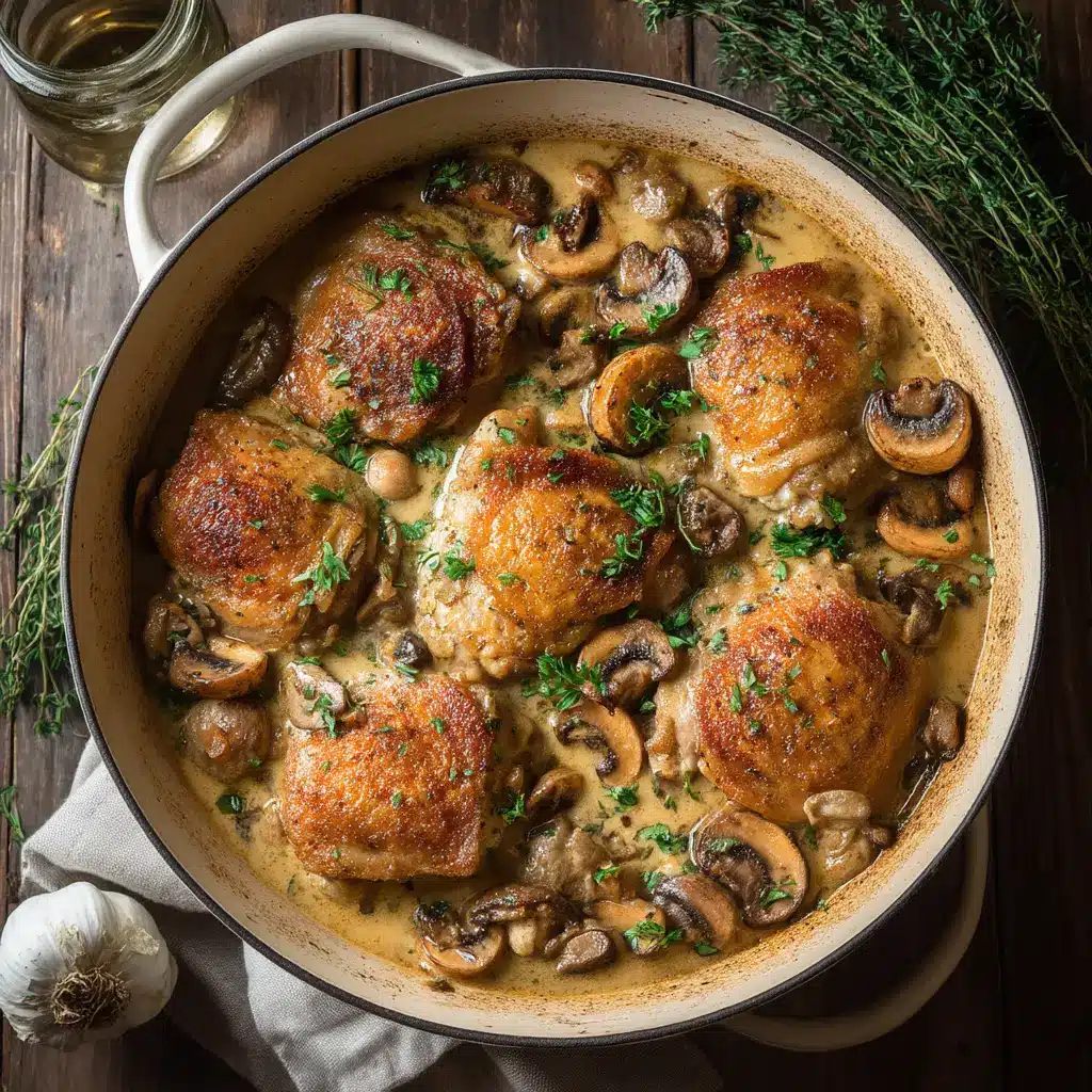 A close-up of the ingredients for the slow cooker recipe, showing fresh chicken breasts, cremini mushrooms, and herbs ready for cooking.