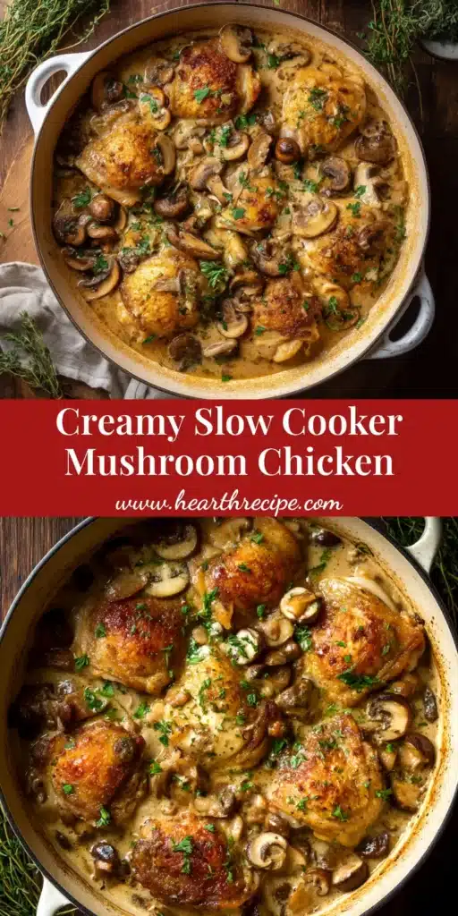A delicious bowl of Slow Cooker Mushroom Chicken served over mashed potatoes, garnished with fresh parsley. The ultimate easy and comforting crockpot dinner recipe.