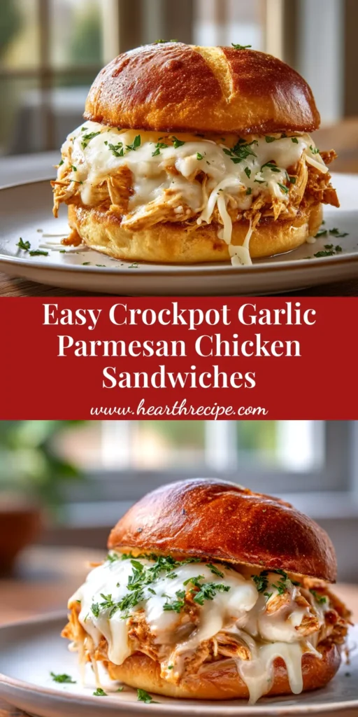 An irresistible Slow Cooker Parmesan Garlic Chicken Sandwich on a toasted bun, with melted cheese pulling away from the tender, shredded chicken.