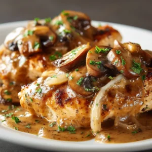An extreme close-up of the chicken with mushrooms and onions, showing the texture of the melted Monterey Jack cheese and savory toppings.