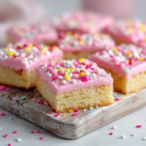 A close-up shot of a single soft sugar cookie bar with thick pink frosting and sprinkles, showcasing its chewy texture.