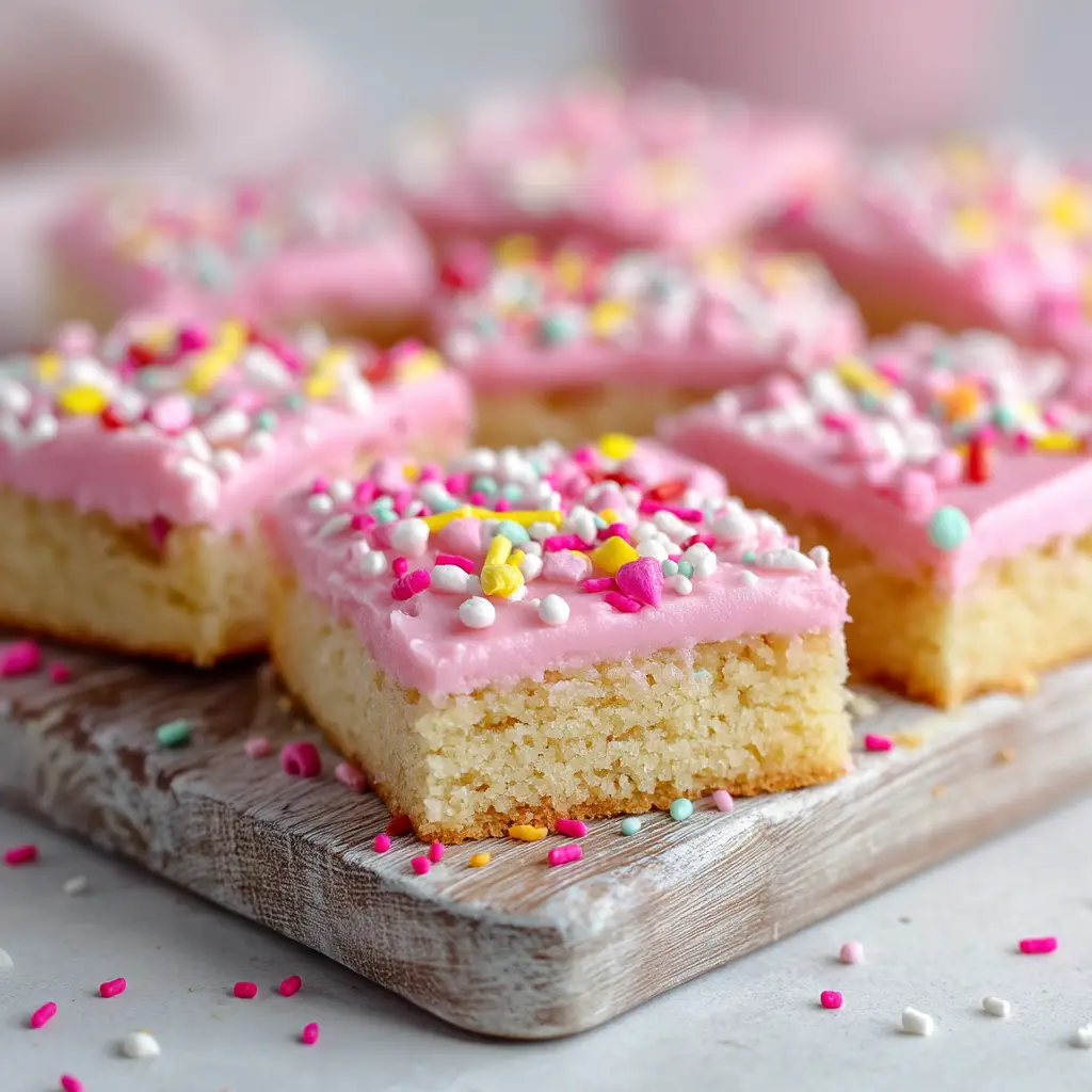A close-up shot of a single soft sugar cookie bar with thick pink frosting and sprinkles, showcasing its chewy texture.