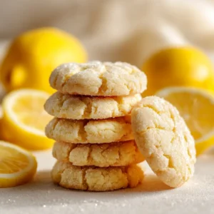 A close-up shot of a stack of freshly baked lemon sugar cookies, highlighting their soft, chewy texture.