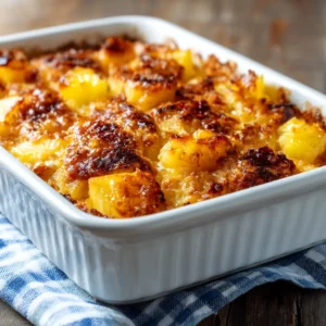 A close-up shot of a spoonful of southern pineapple casserole, highlighting the texture of the baked pineapple and the buttery cracker crumbs.