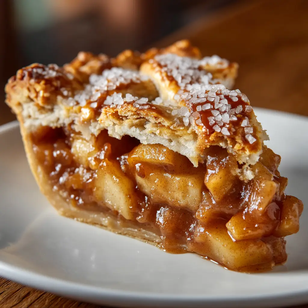 A detailed shot of the apple pie filling, with cinnamon and nutmeg spices visible on the tender apple slices.
