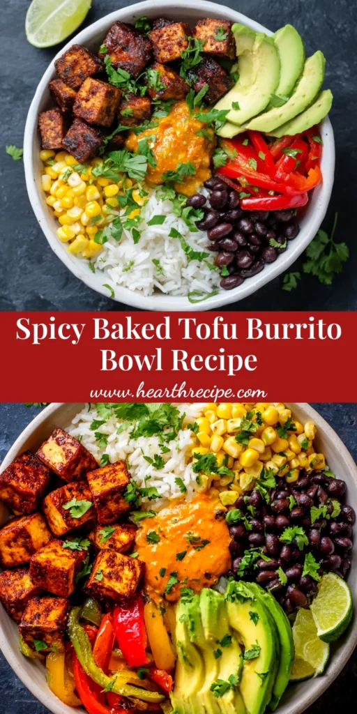 A close-up shot of a Spicy Baked Tofu Burrito Bowl, showcasing crispy baked tofu, black beans, corn, and fresh avocado in a white bowl.