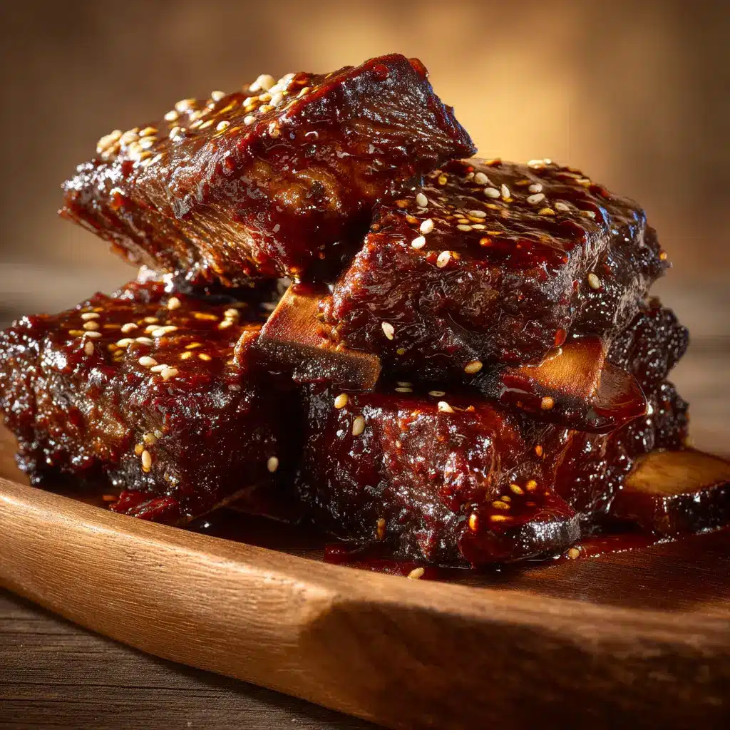 A serving of sticky soy-braised short ribs, showing the glossy glaze and tender meat pulling away from the bone.