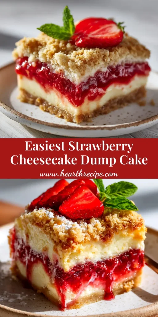 A serving of Strawberry Cheesecake Dump Cake on a white plate, showing the creamy cheesecake layer, strawberry filling, and golden cake topping.
