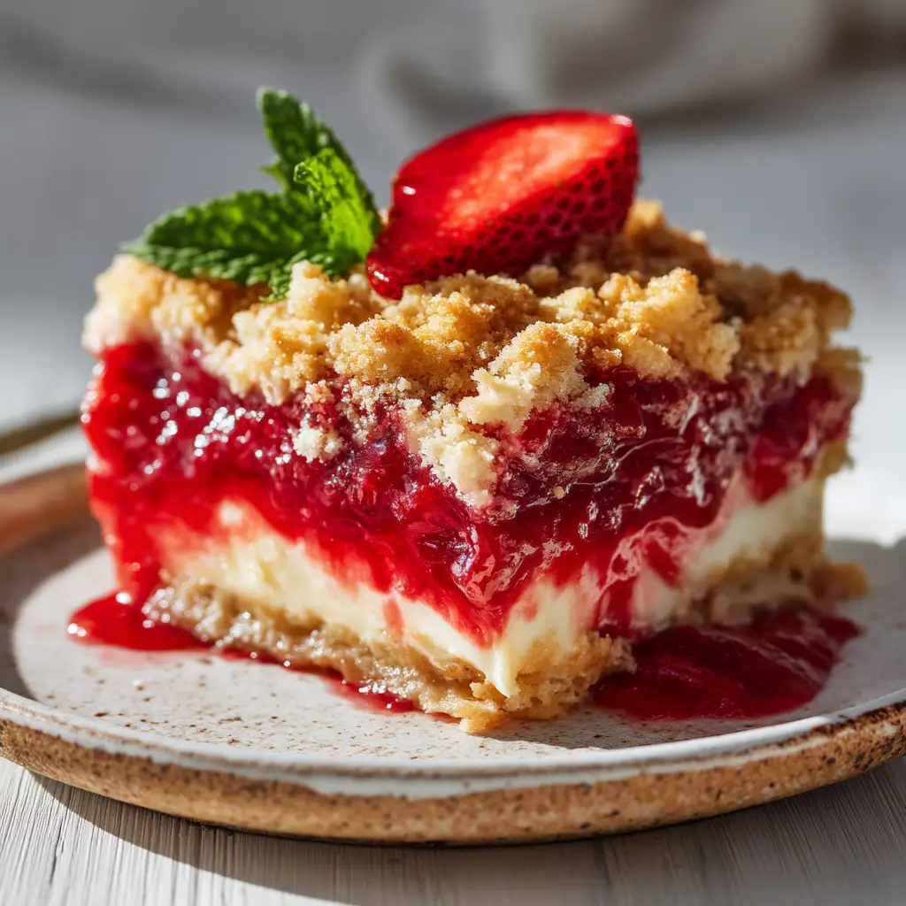 The golden, buttery cake mix topping on the Strawberry Cheesecake Dump Cake, fresh out of the oven.