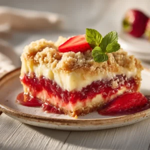 A close-up professional food photography shot of a perfect slice of strawberry cheesecake dump cake, highlighting its rich textures.