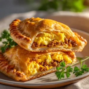 A close-up shot of two freshly baked stuffed breakfast pockets, showing the golden crust and a hint of the delicious filling inside.