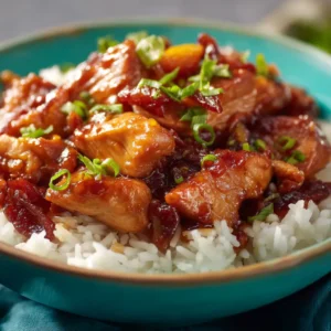 An extreme close-up of glistening, saucy slow cooker Hawaiian chicken, showing the texture of the shredded chicken and pineapple.