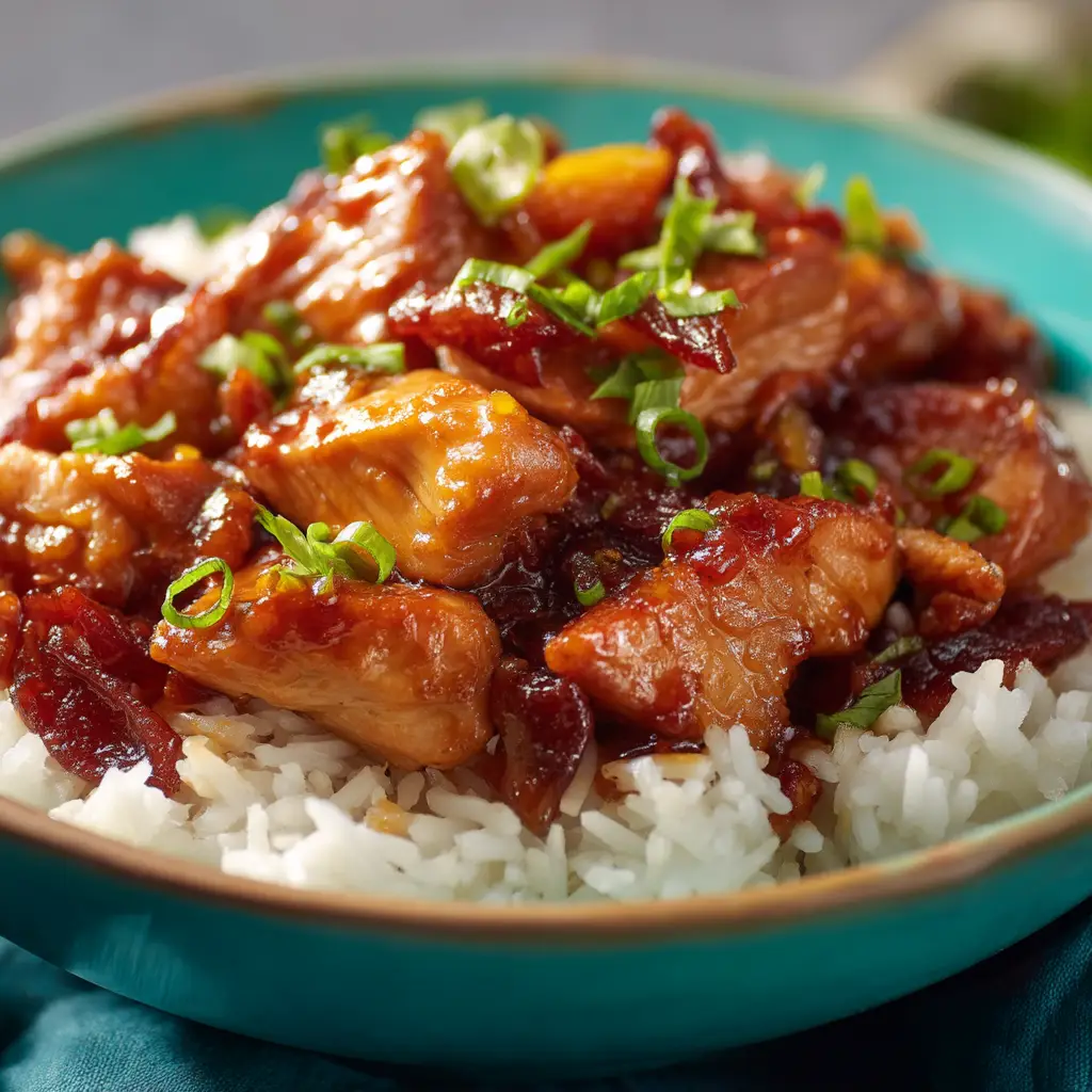 An extreme close-up of glistening, saucy slow cooker Hawaiian chicken, showing the texture of the shredded chicken and pineapple.
