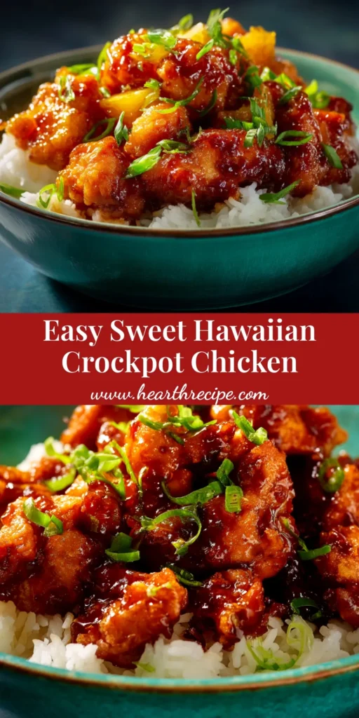 A delicious bowl of Sweet Hawaiian Crockpot Chicken served over rice with a fork, ready to be eaten. The perfect easy slow cooker recipe.