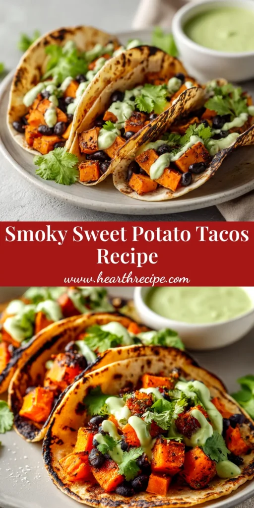 An overhead shot of delicious sweet potato tacos served on a plate. The tacos are filled with roasted sweet potatoes, black beans, and drizzled with a creamy sauce.
