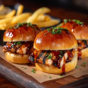 Three sweet and spicy chicken sliders arranged on a wooden board, ready to be served as a party appetizer.