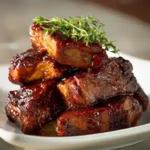 A stack of oven-baked country style pork ribs on a rustic wooden board, showing their juicy and tender texture.