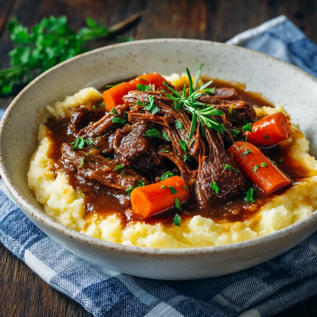 A spoonful of tender beef and vegetables being lifted from a bowl of fall stew, emphasizing the delicious, thick gravy.