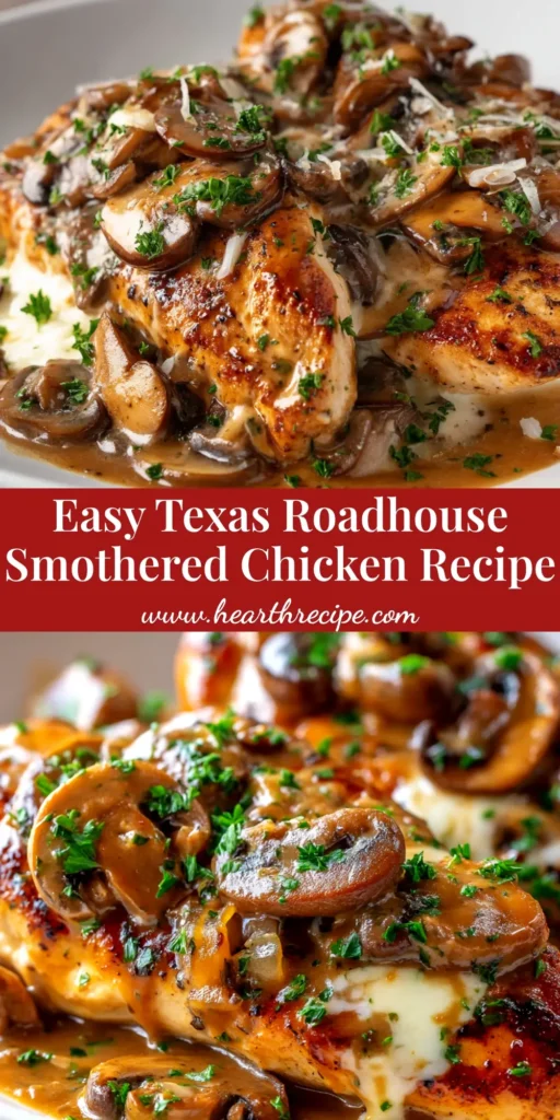 A close-up shot of the finished Texas Roadhouse Smothered Chicken on a white plate, ready to be pinned. The chicken is topped with melted cheese, onions, and mushrooms.