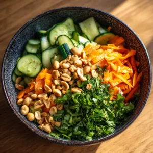 A close-up view of the ingredients for a refreshing Thai salad, including thinly sliced cucumbers and red onions.
