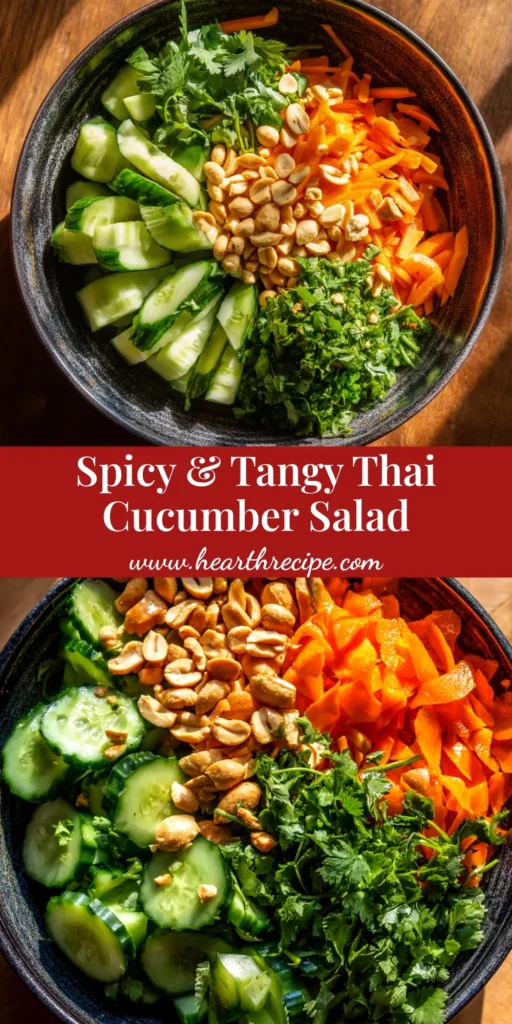 A vibrant Thai Cucumber Salad in a dark bowl, topped with red chilis and peanuts, showcasing a refreshing and easy recipe.